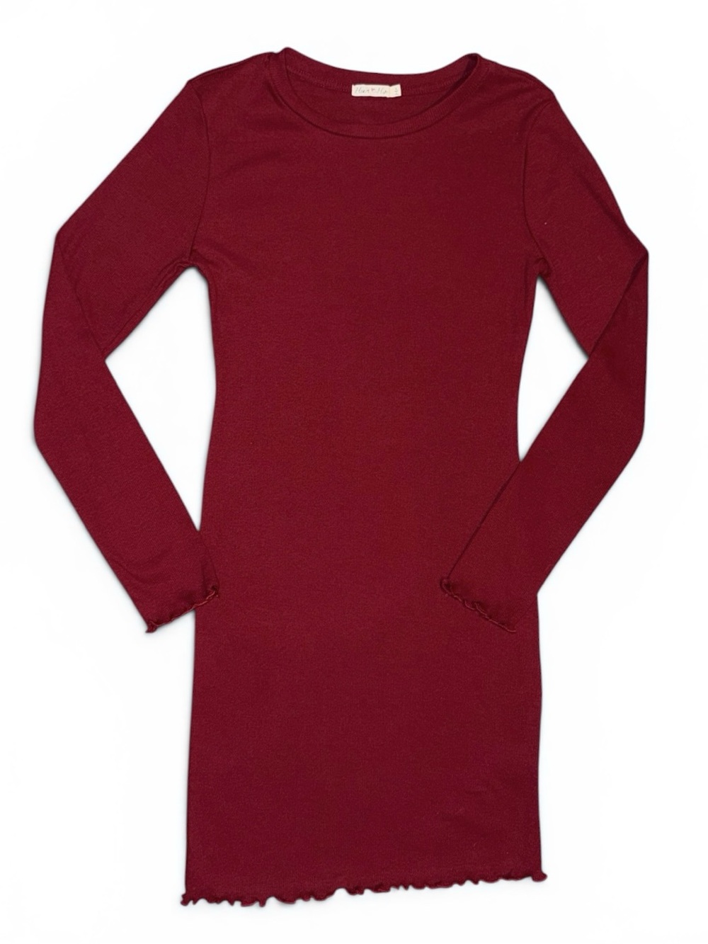 Women’s Heart & Hips Ribbed Ruffled Long Sleeve Dress Burgundy Large